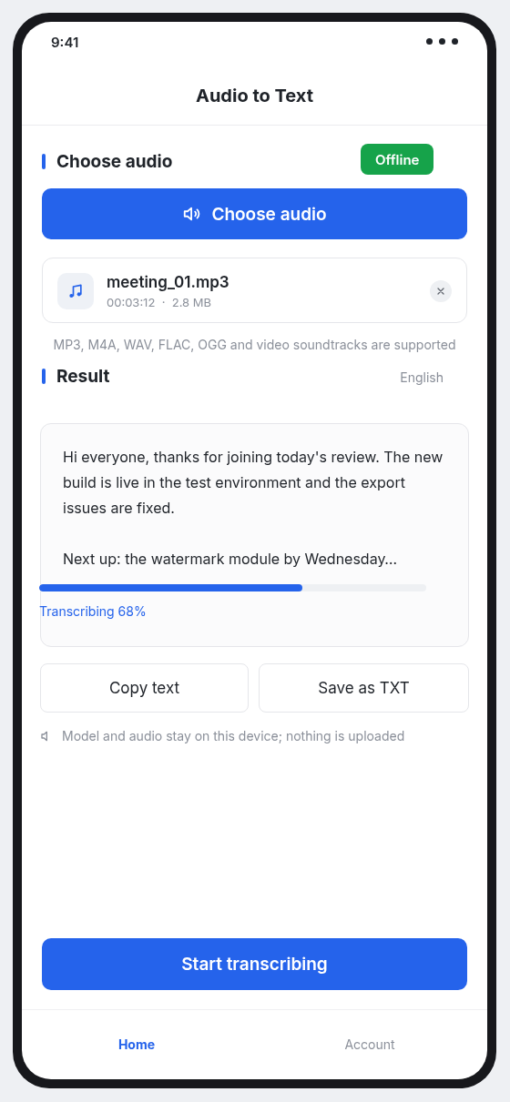 Audio to Text mobile app interface on Android